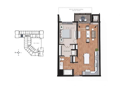 Floor plan for 1 bed, 1 bath, 741 sqft